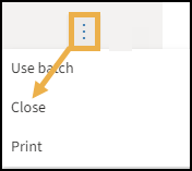 More options menu list with a yellow highlight box around the three dots and a yellow arrow pointing downwards to Close.